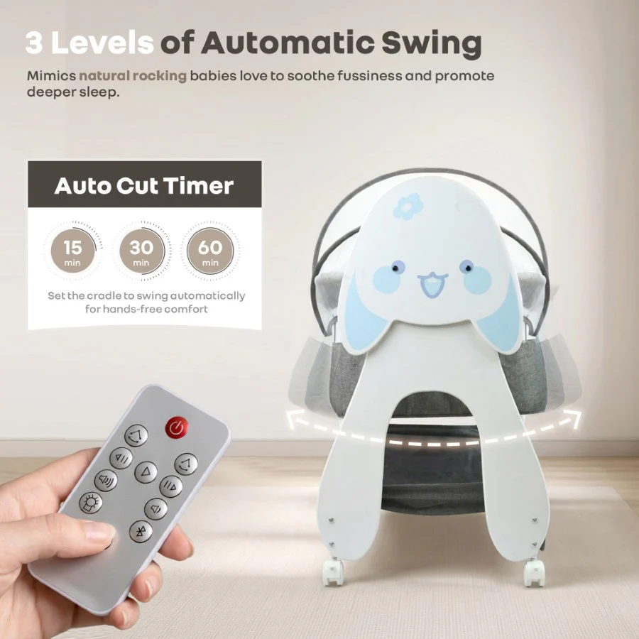Lullabies Woodsy Bunny Smart Baby Cradle – 2-in-1 Auto Swing Cradle & Bedside Bassinet with Bluetooth Music, Timer, Plush Mattress, Mosquito Net & Storage Basket (0–18 Months) - Grey White - Image 6