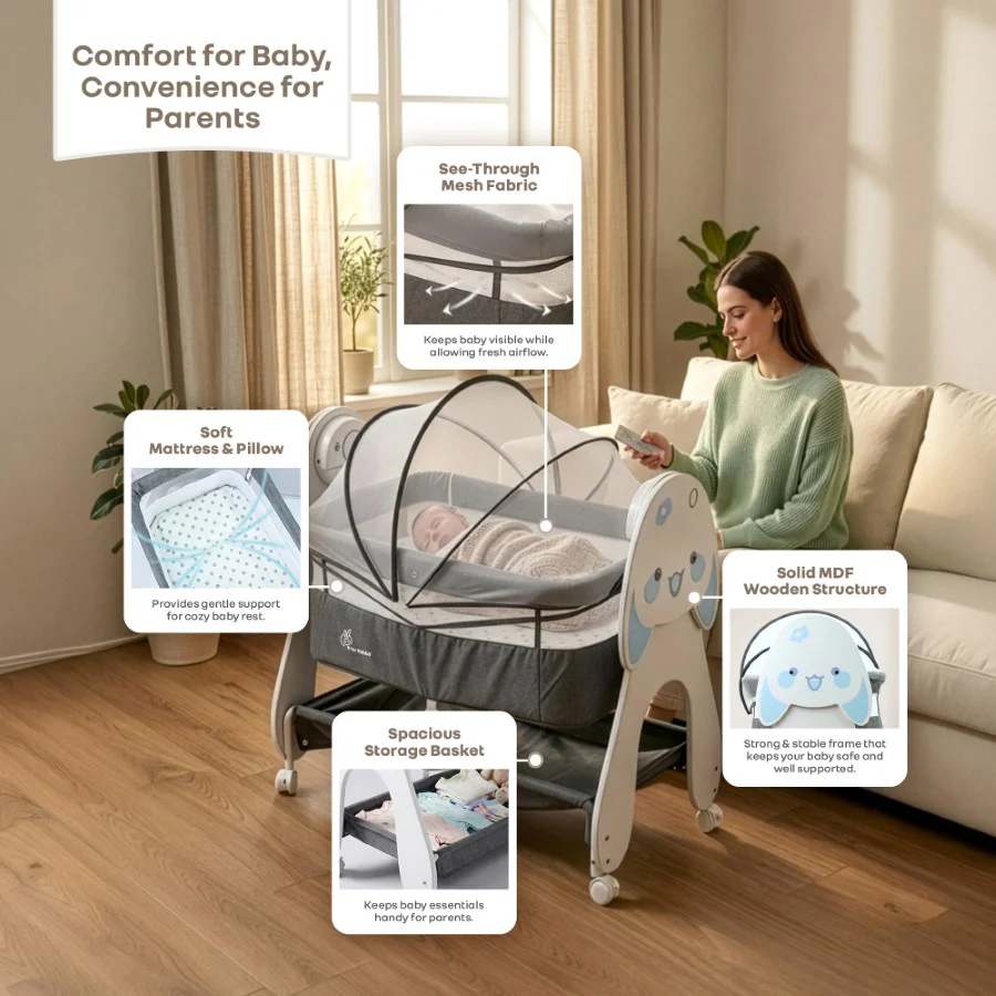 Lullabies Woodsy Bunny Smart Baby Cradle – 2-in-1 Auto Swing Cradle & Bedside Bassinet with Bluetooth Music, Timer, Plush Mattress, Mosquito Net & Storage Basket (0–18 Months) - Grey White - Image 9
