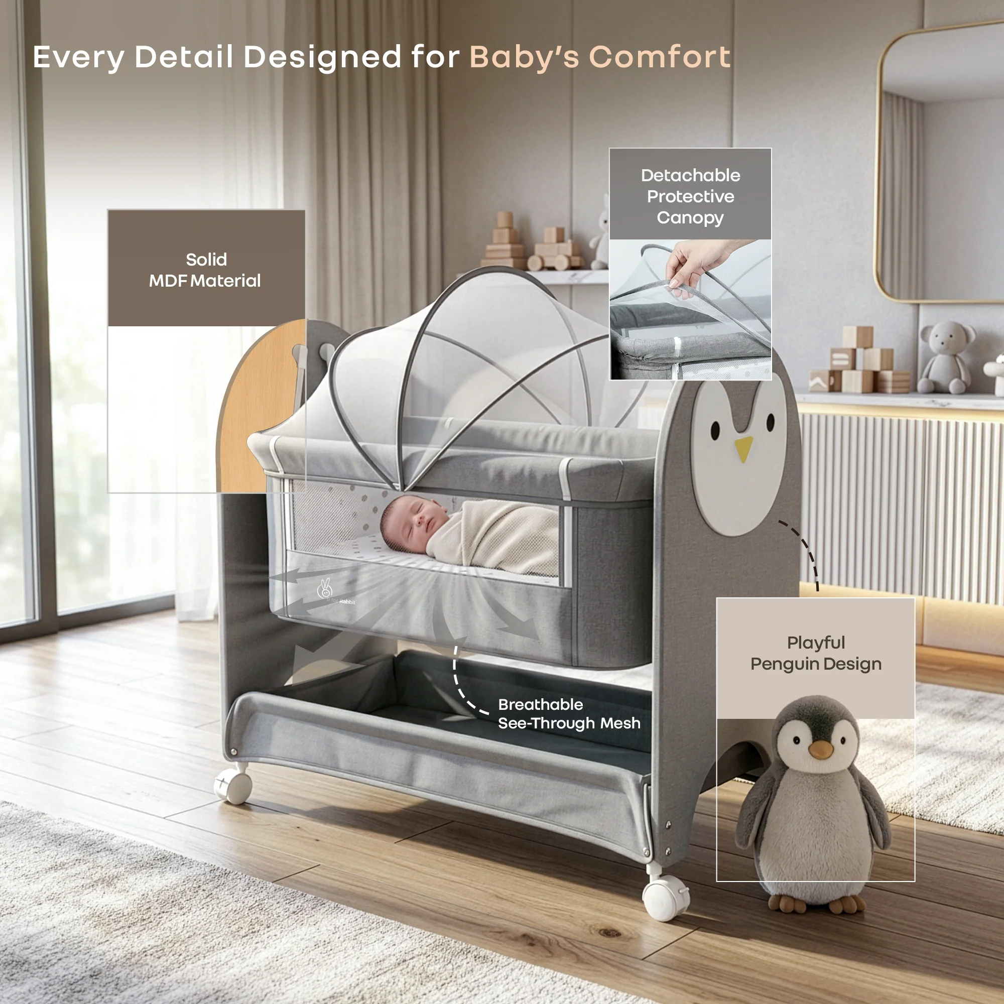Lullabies Woodsy Snowy Baby Cradle, MDF Wood, 360° Wheels, Mosquito Net & Storage Basket - Grey White - Image 3