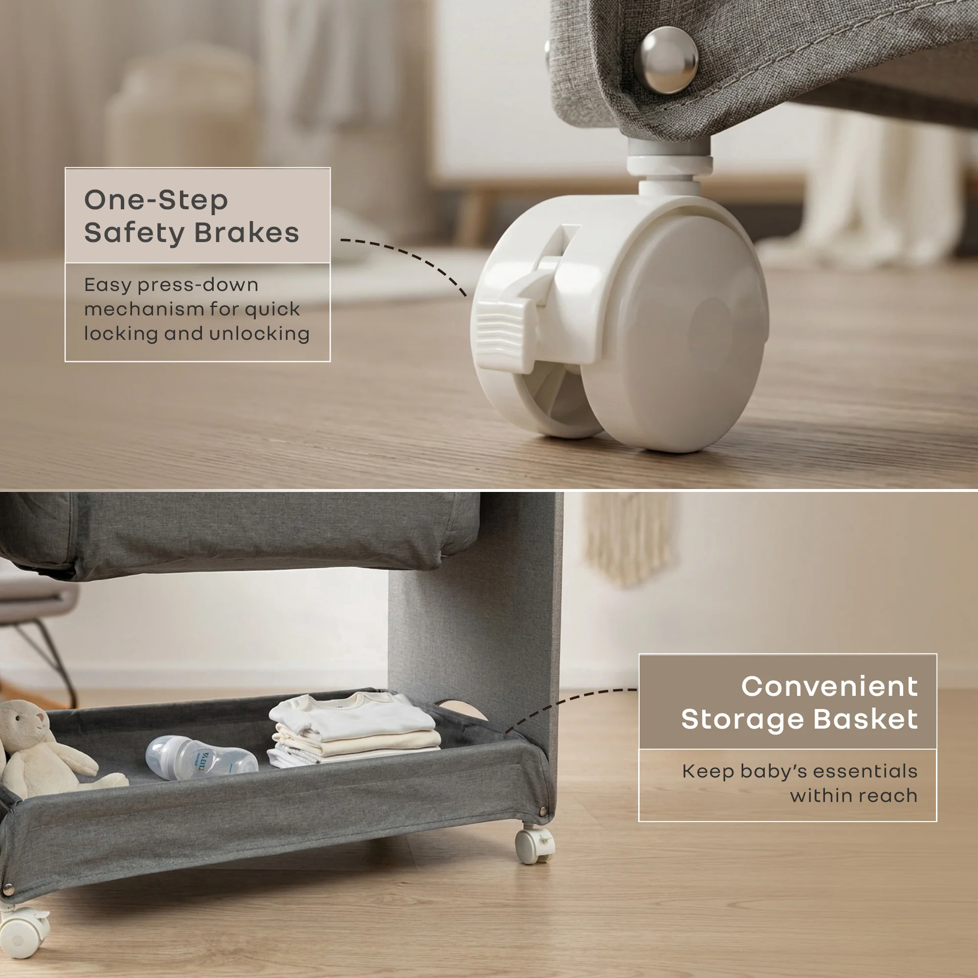 Lullabies Woodsy Snowy Baby Cradle, MDF Wood, 360° Wheels, Mosquito Net & Storage Basket - Grey White - Image 4