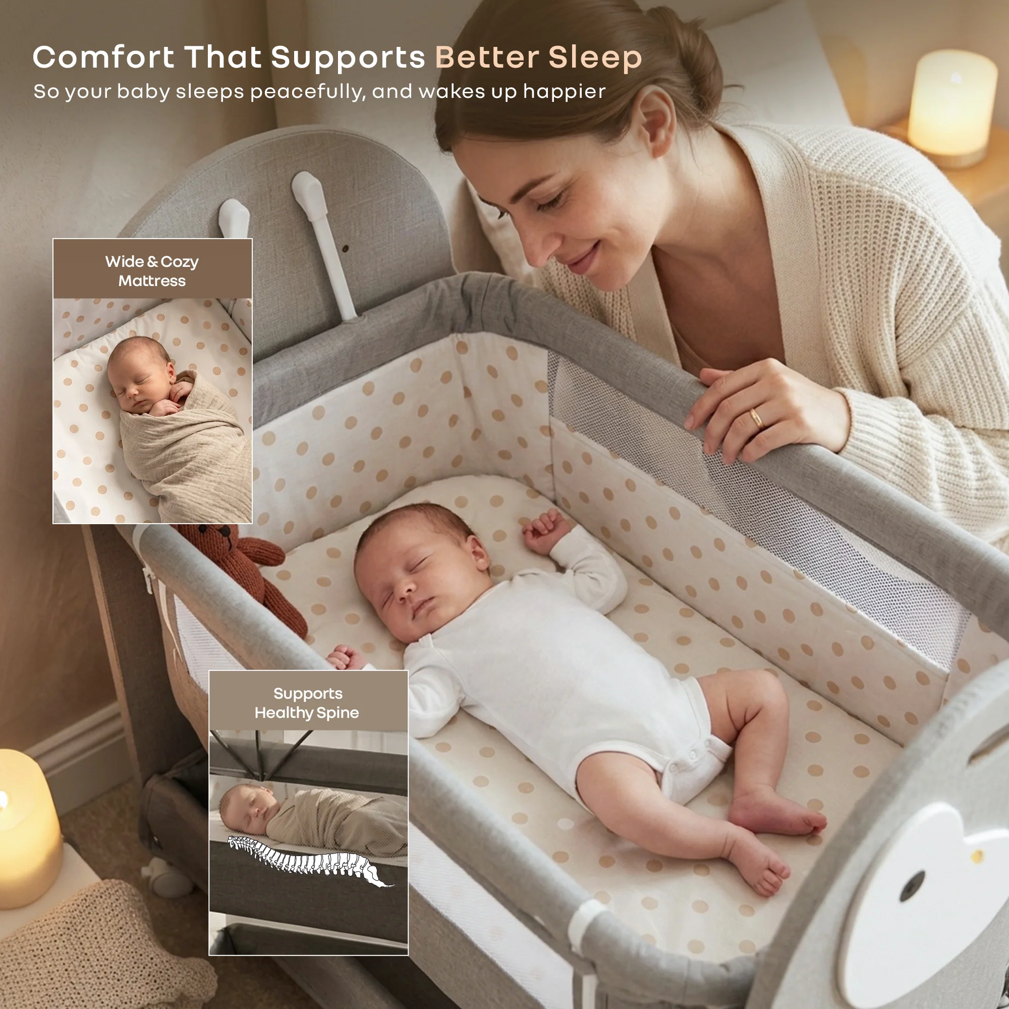 Lullabies Woodsy Snowy Baby Cradle, MDF Wood, 360° Wheels, Mosquito Net & Storage Basket - Grey White - Image 5