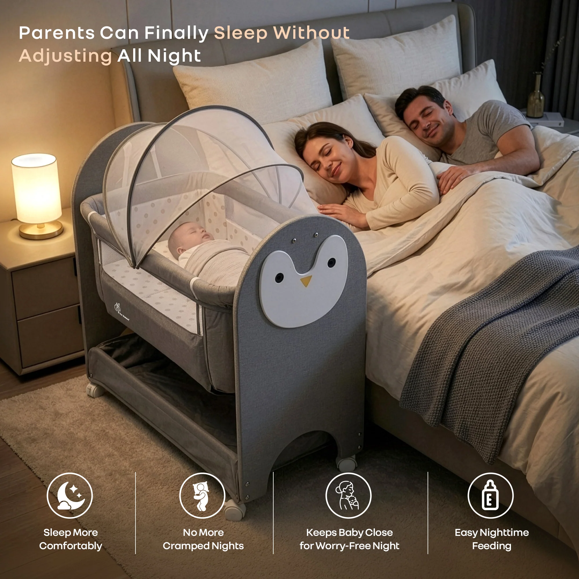Lullabies Woodsy Snowy Baby Cradle, MDF Wood, 360° Wheels, Mosquito Net & Storage Basket - Grey White - Image 6