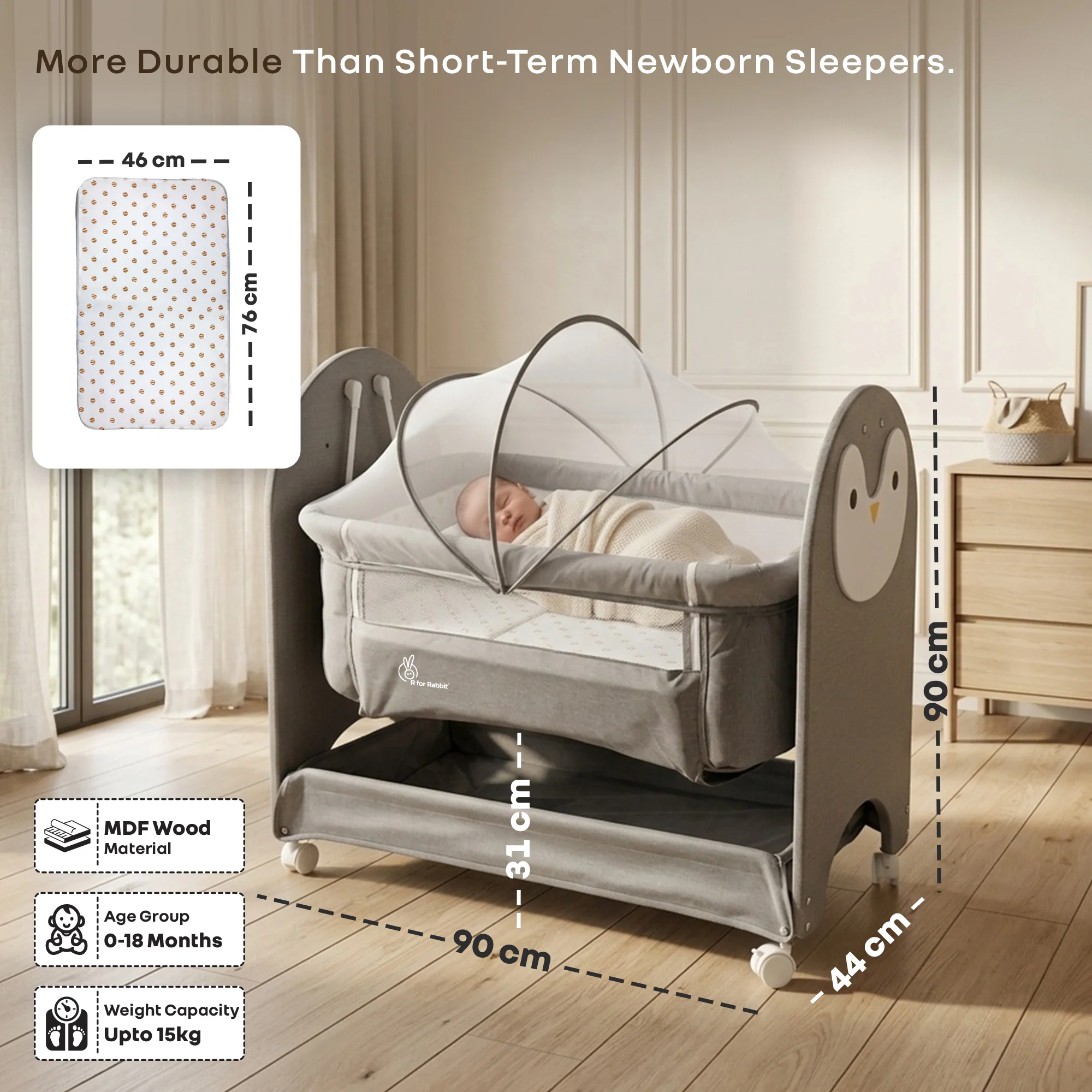 Lullabies Woodsy Snowy Baby Cradle, MDF Wood, 360° Wheels, Mosquito Net & Storage Basket - Grey White - Image 7