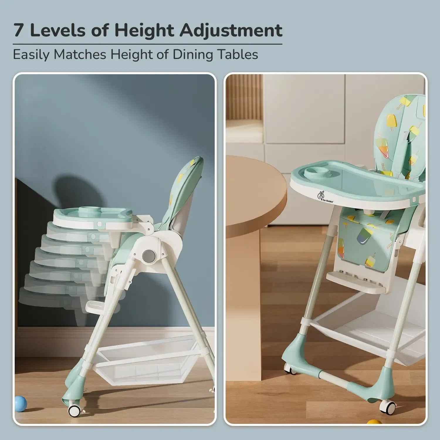Marshmallow High Chair - 7 Level Height Adjustment, 3 Recline Modes, Adjustable & Removable Double Meal Tray, 6 months-5 years - Beige - Image 15