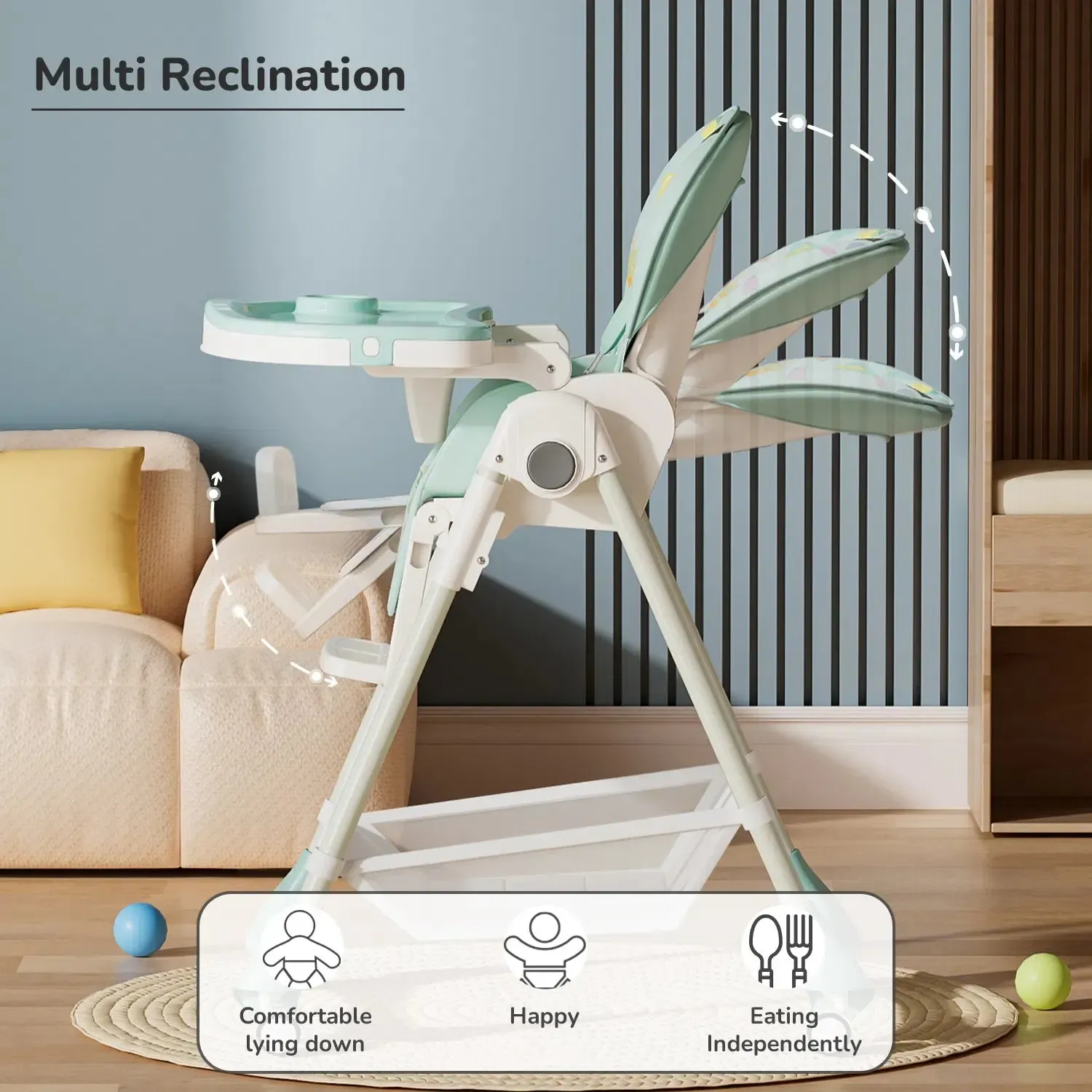 Marshmallow High Chair - 7 Level Height Adjustment, 3 Recline Modes, Adjustable & Removable Double Meal Tray, 6 months-5 years - Beige - Image 18