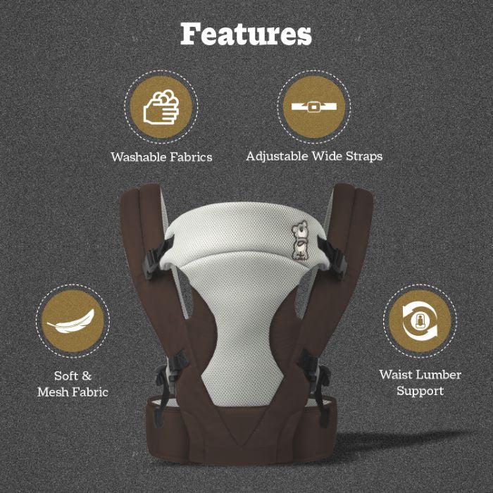 New Cuddle Snuggle Carriers cum Kangaroo Bag, Front / Back Baby Carrier Position, Foldable Head Support - Brown Grey - Image 3