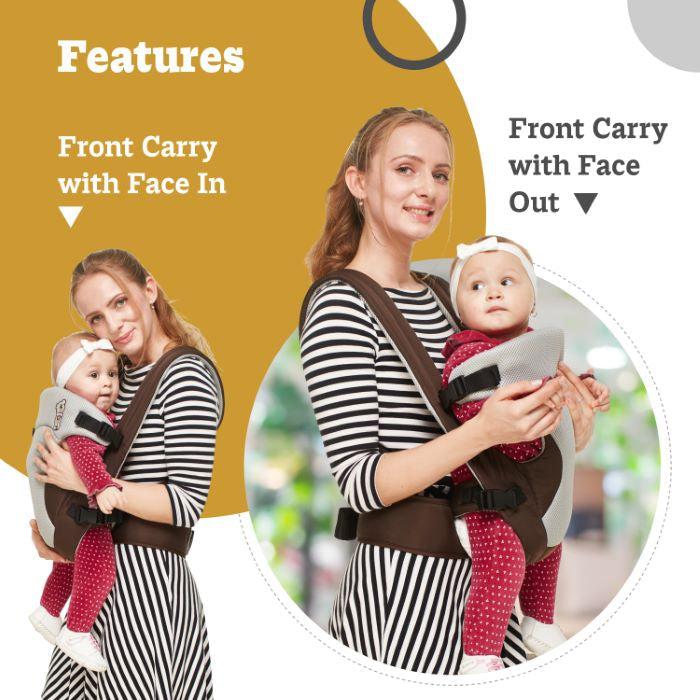 New Cuddle Snuggle Carriers cum Kangaroo Bag, Front / Back Baby Carrier Position, Foldable Head Support - Brown Grey - Image 5
