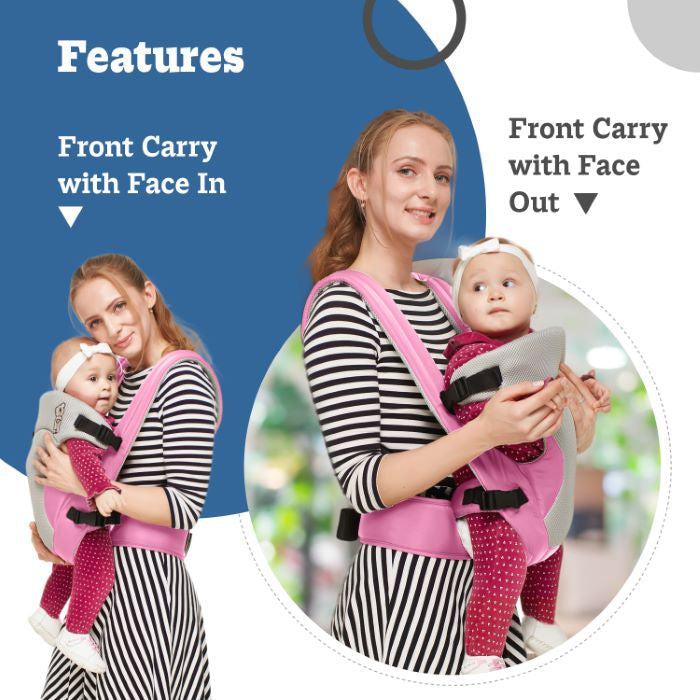 New Cuddle Snuggle Carriers cum Kangaroo Bag, Front / Back Baby Carrier Position, Foldable Head Support - Pink Grey - Image 4