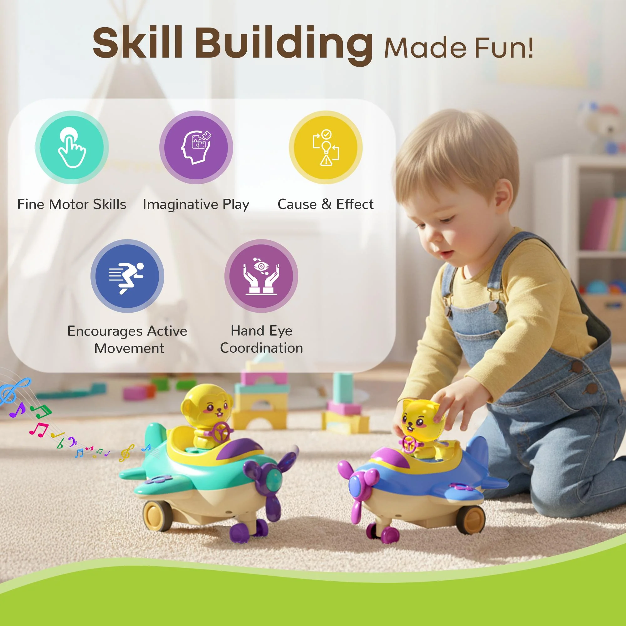 Orapple Aero Rider - BPA-Free, Non-Toxic Baby Airplane Push Toy with Lights & Music (Pack of 2) - Multi 1 - Image 2
