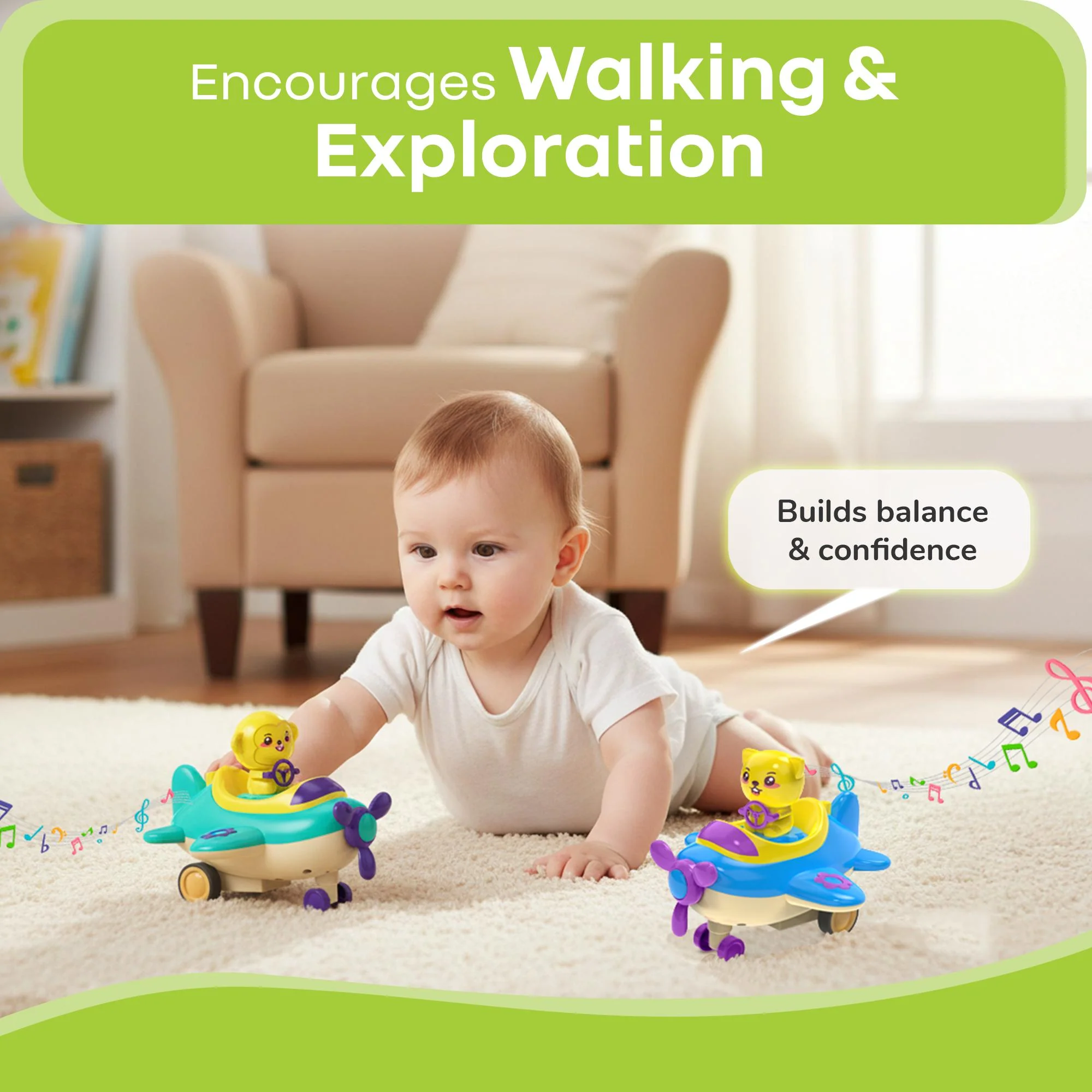 Orapple Aero Rider - BPA-Free, Non-Toxic Baby Airplane Push Toy with Lights & Music (Pack of 2) - Multi 1 - Image 5