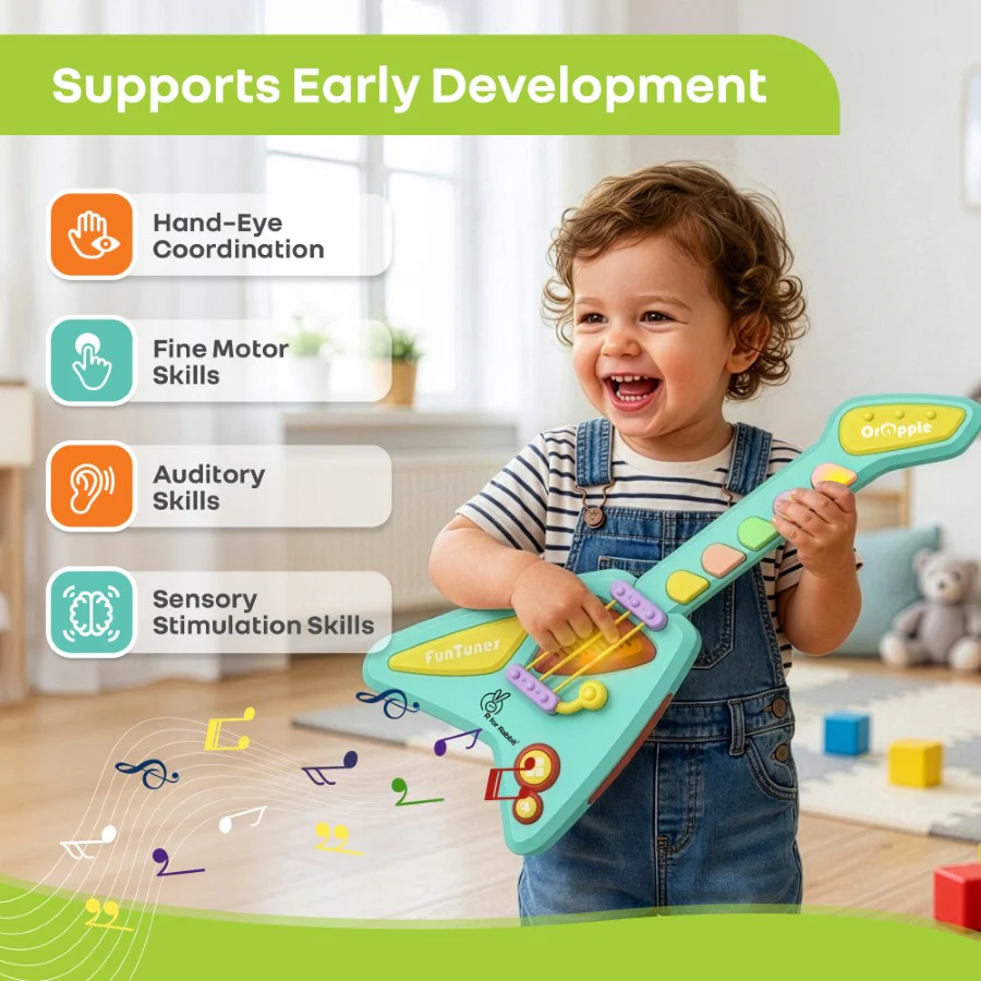 Orapple Funtunes Guitar Musical Toy for Kids with Lights, Music, 4 Play Modes, 5-Level Volume Control & BIS Certified Safety (12+ Months) - Blue Multi - Image 2