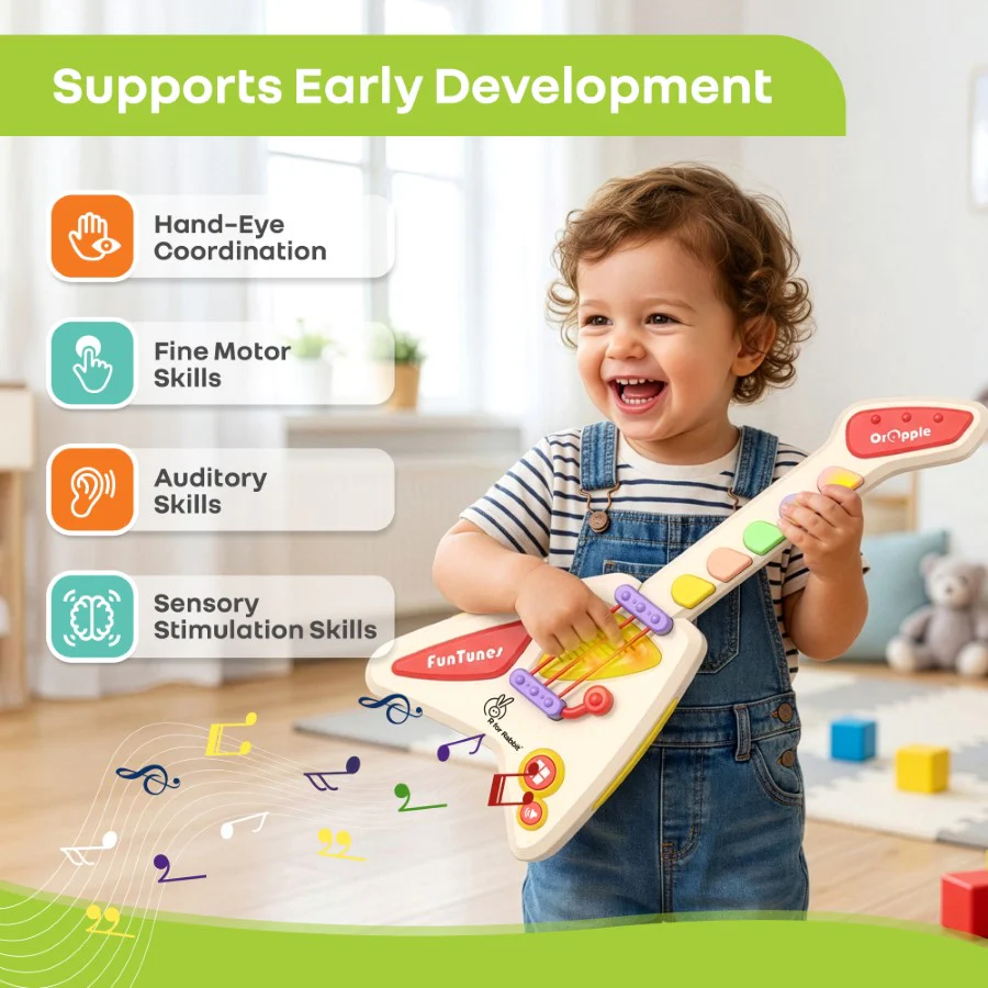 Orapple Funtunes Guitar Musical Toy for Kids with Lights, Music, 4 Play Modes, 5-Level Volume Control & BIS Certified Safety (12+ Months) - Beige Multi - Image 2