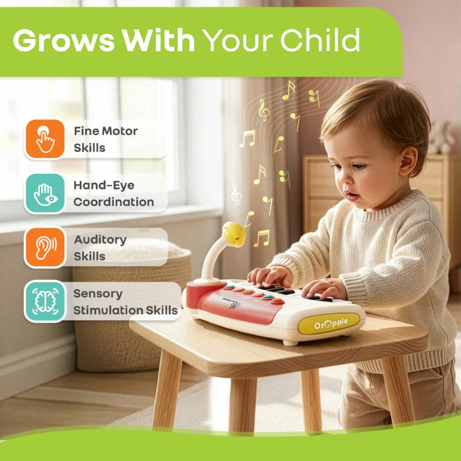 Orapple Funtunes Piano Musical Toy for Kids with Lights, Record & Play Function, 5-Level Volume Control & BIS Certified Safety (12+ Months) - Beige Multi - Image 2