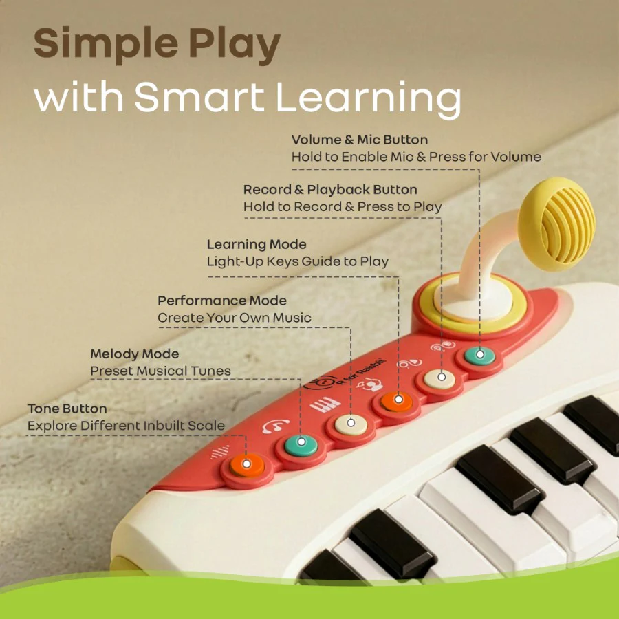 Orapple Funtunes Piano Musical Toy for Kids with Lights, Record & Play Function, 5-Level Volume Control & BIS Certified Safety (12+ Months) - Beige Multi - Image 3