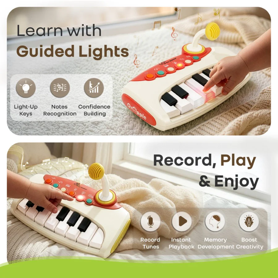 Orapple Funtunes Piano Musical Toy for Kids with Lights, Record & Play Function, 5-Level Volume Control & BIS Certified Safety (12+ Months) - Beige Multi - Image 4