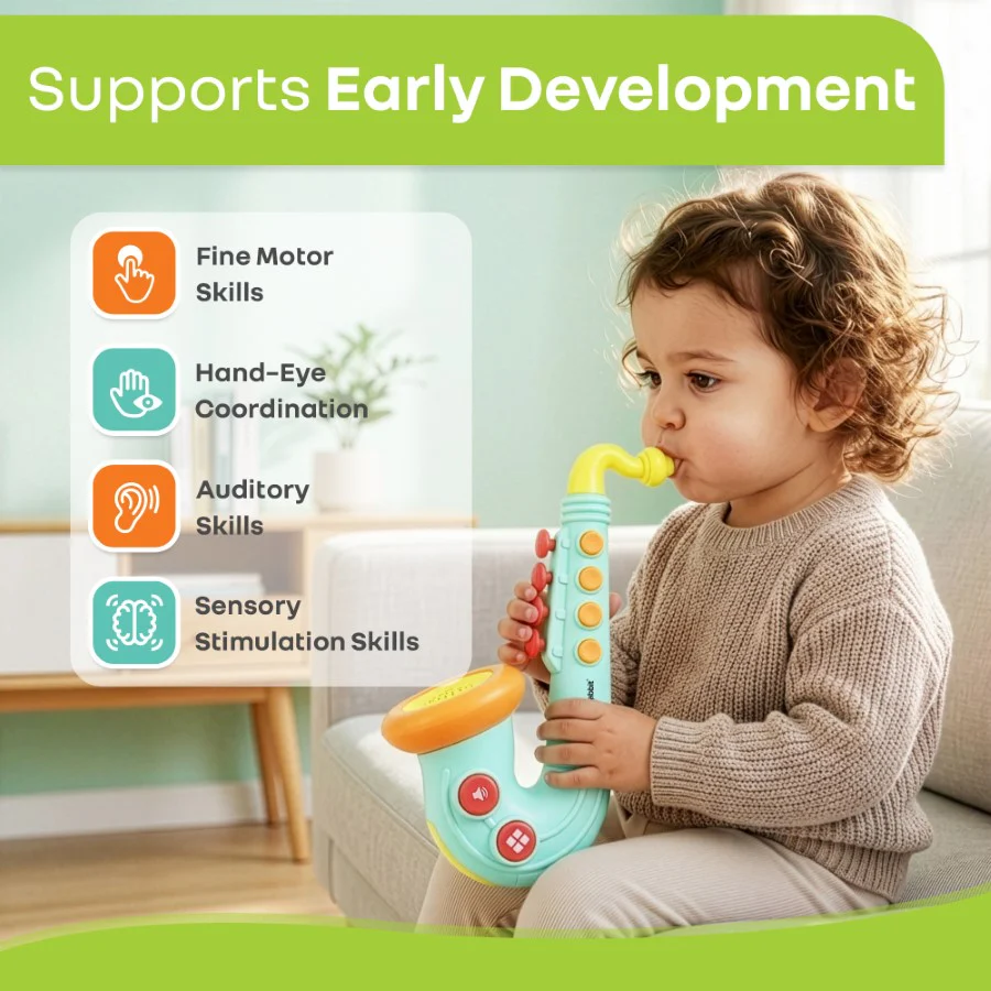 Orapple Funtunes Saxophone Musical Toy for Kids with Lights, 4 Play Modes, Built-in Melodies, Smart Auto Shut-Off & BIS Certified Safety (12+ Months) - Blue Multi - Image 2