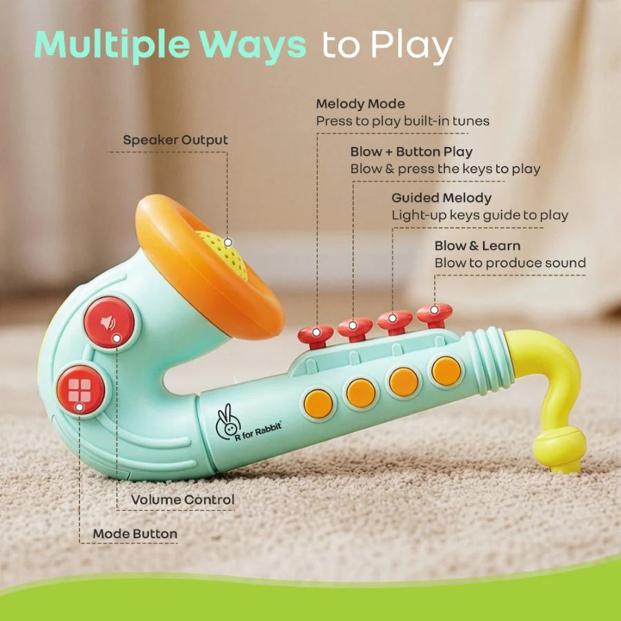 Orapple Funtunes Saxophone Musical Toy for Kids with Lights, 4 Play Modes, Built-in Melodies, Smart Auto Shut-Off & BIS Certified Safety (12+ Months) - Blue Multi - Image 3