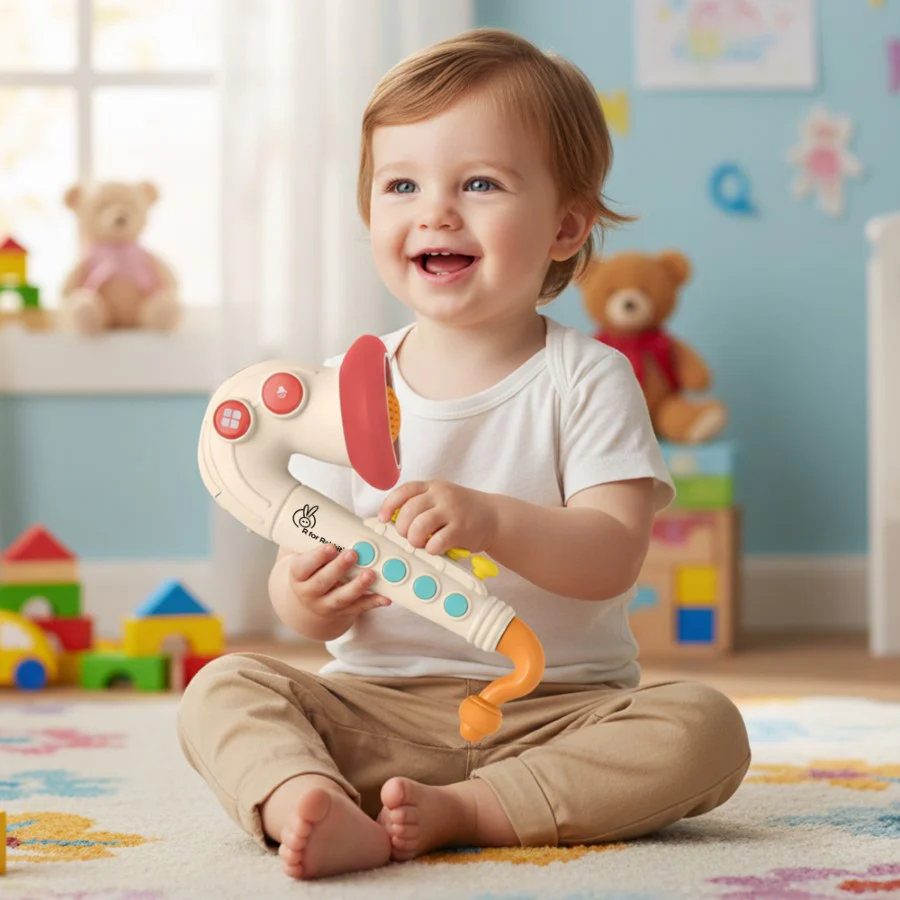 Orapple Funtunes Saxophone Musical Toy for Kids with Lights, 4 Play Modes, Built-in Melodies, Smart Auto Shut-Off & BIS Certified Safety (12+ Months) - Beige Multi