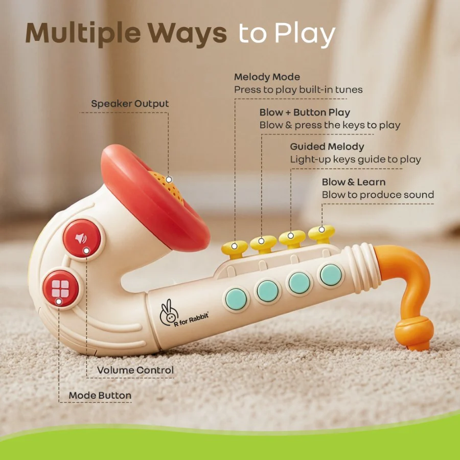 Orapple Funtunes Saxophone Musical Toy for Kids with Lights, 4 Play Modes, Built-in Melodies, Smart Auto Shut-Off & BIS Certified Safety (12+ Months) - Beige Multi - Image 3