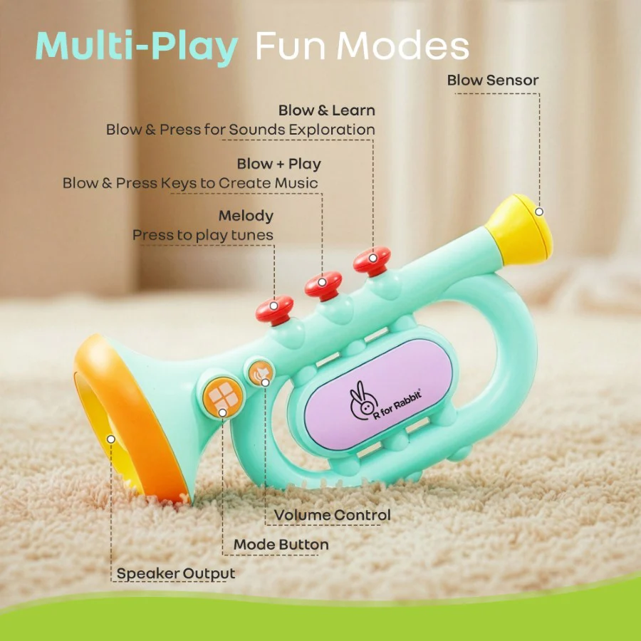 Orapple Funtunes Trumpet BIS Certified Kids Musical Toy with Non-Toxic ABS Material, Multi-Mode Play & Safe Rounded Edges - Blue Multi - Image 3