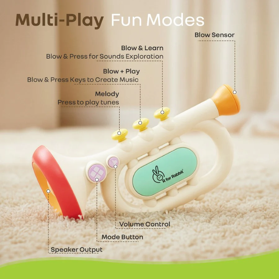 Orapple Funtunes Trumpet BIS Certified Kids Musical Toy with Non-Toxic ABS Material, Multi-Mode Play & Safe Rounded Edges - Beige Multi - Image 3