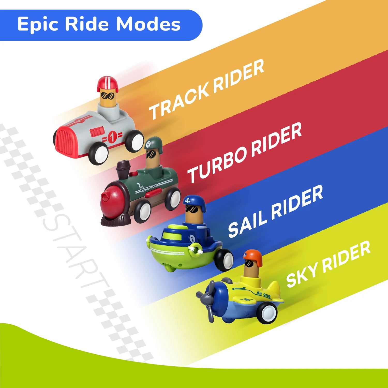 Orapple Rider BPA-Free Set of 4 Push Toys for Toddlers (Track, Sky, Turbo, Sail) - Multi-2 - Image 2