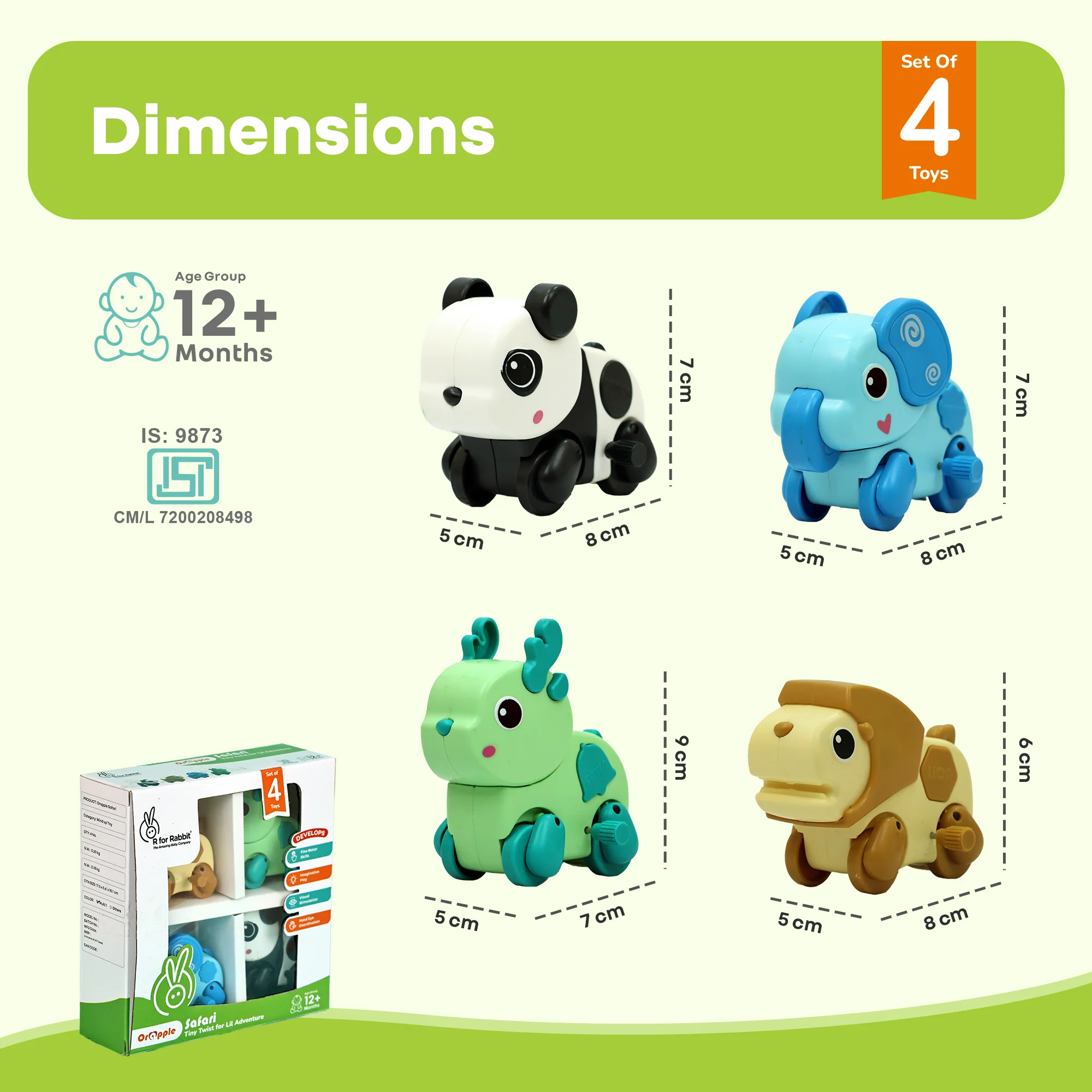 Orapple Safari - Set of 4 Windup Animal Toys for Babies (Panda, Lion, Elephant, Deer) - Multi 1 - Image 8
