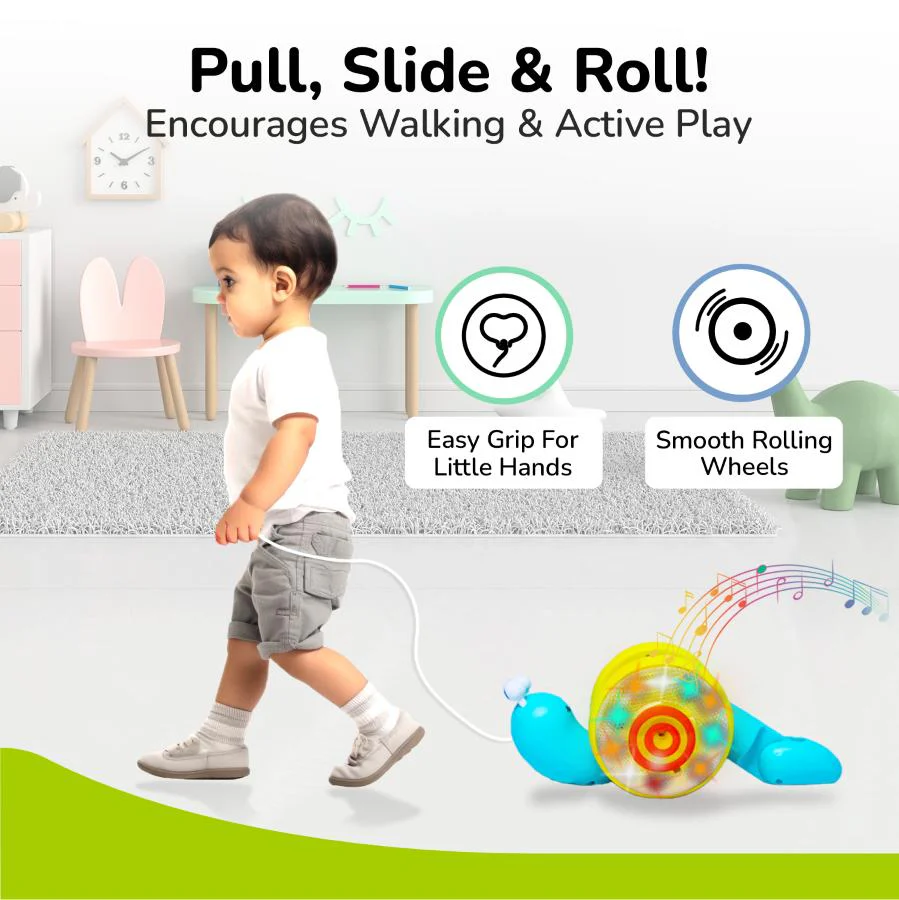 Orapple Snail Tune BPA-Free Musical Pull Toy for Kids with Lights & Music - Blue Yellow - Image 2