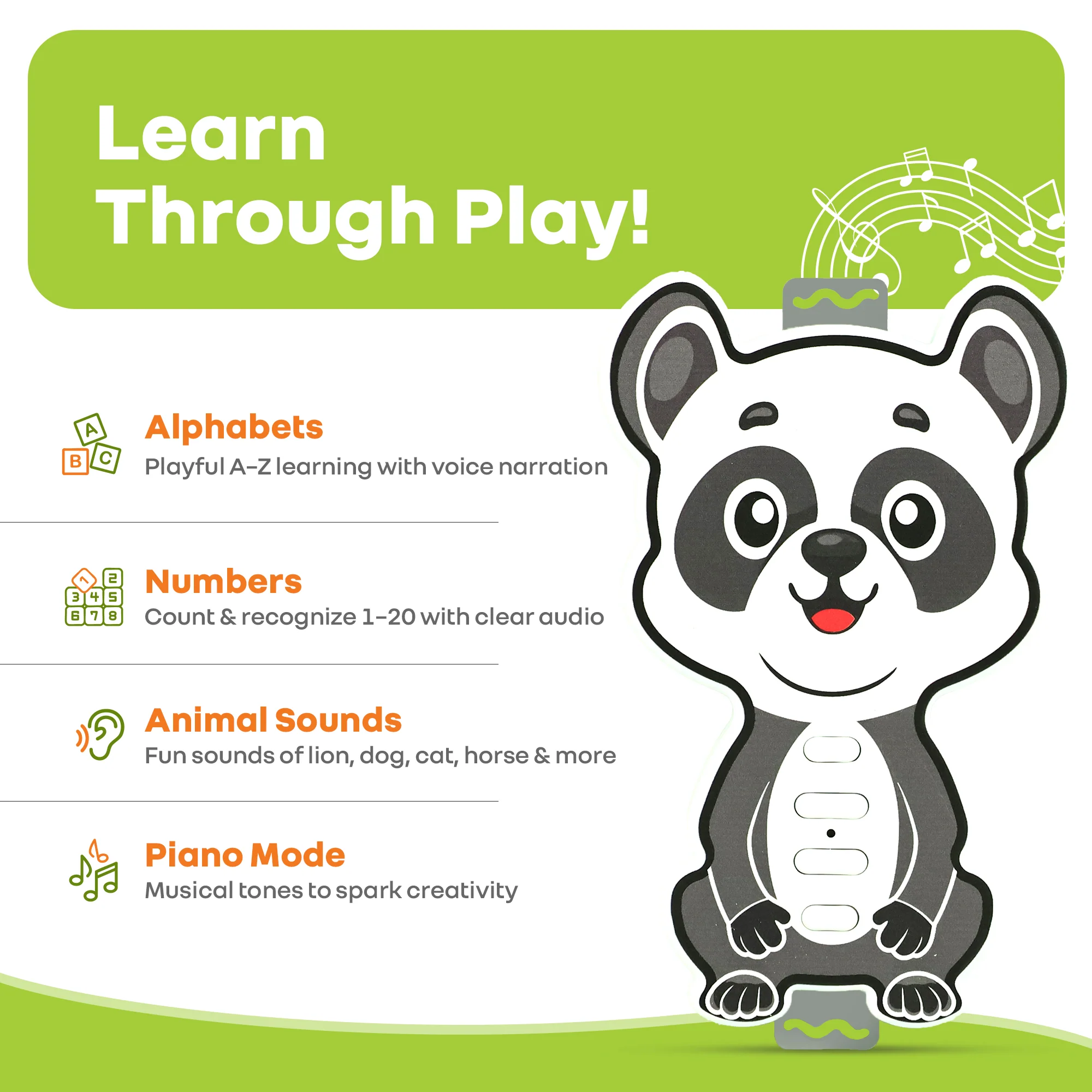 Orapple Tap N Play Musical Learning Toy with 4 Fun Modes Toy for Kids 2+ Years - Panda - Image 5