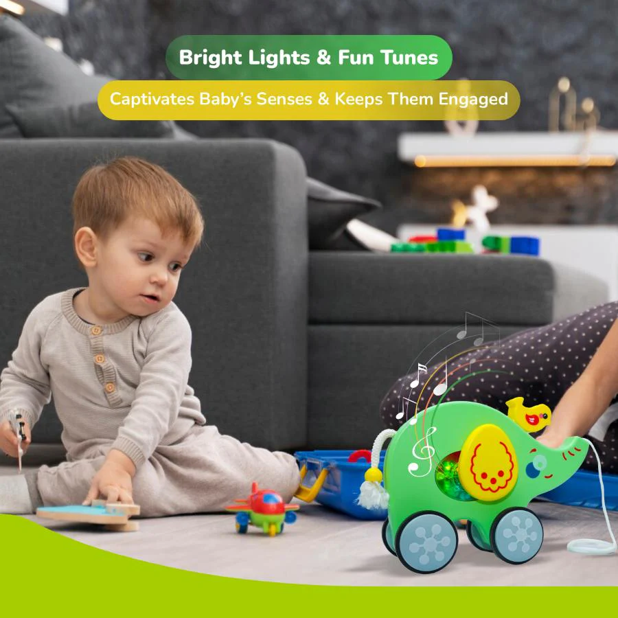 Orapple Trunky Fun & Safe Musical Pull-Along Toy for Toddlers - Green Yellow - Image 2