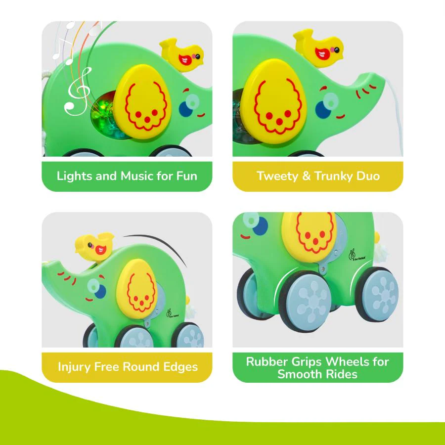 Orapple Trunky Fun & Safe Musical Pull-Along Toy for Toddlers - Green Yellow - Image 4
