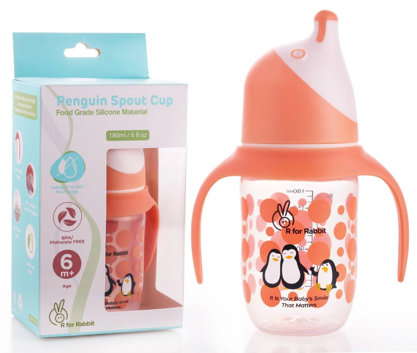 Penguin Spout Cup Sipper Bottle for Babies 180ml - Orange - Image 2