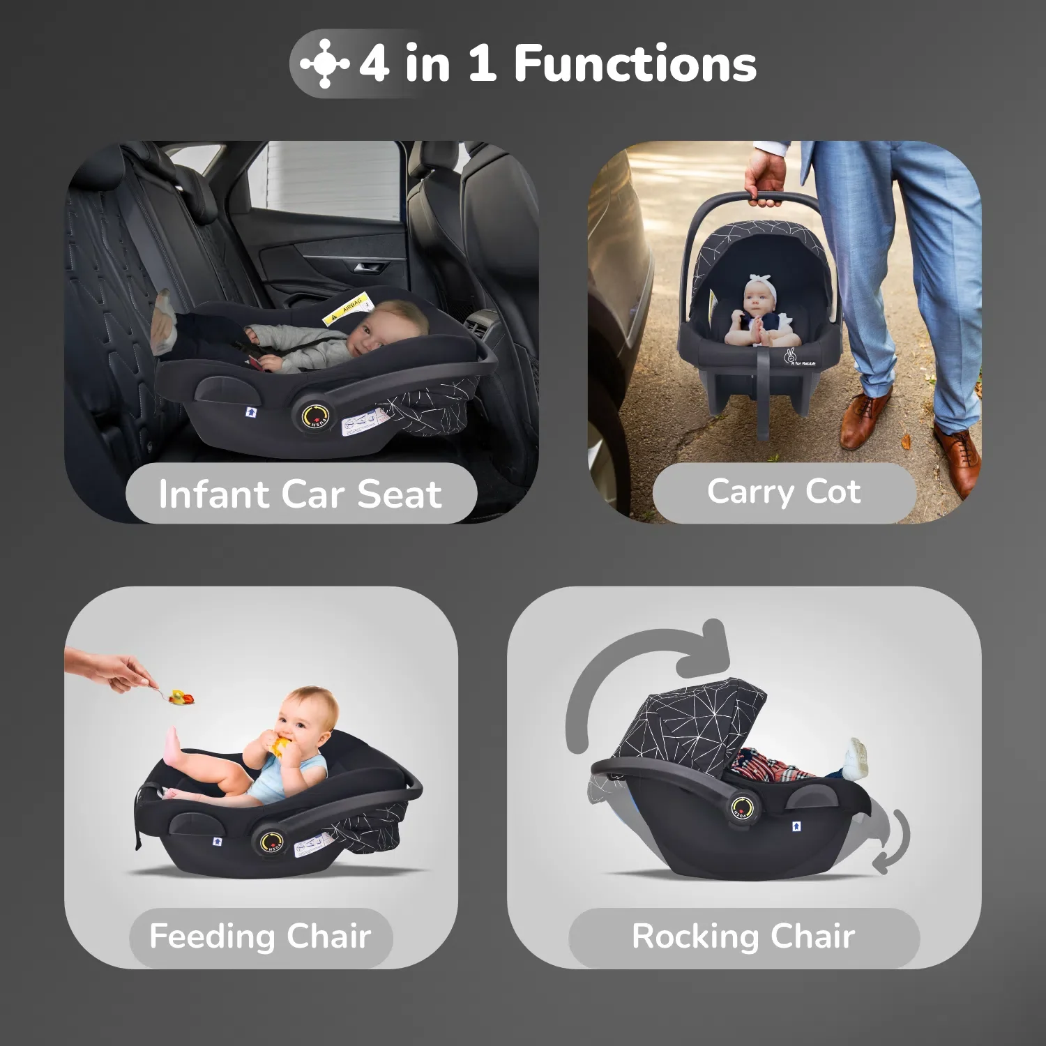 Picaboo NXG 4 In 1 Multipurpose Baby Carry Cot With 3-Point Safety Harness - Silver Black - Image 2