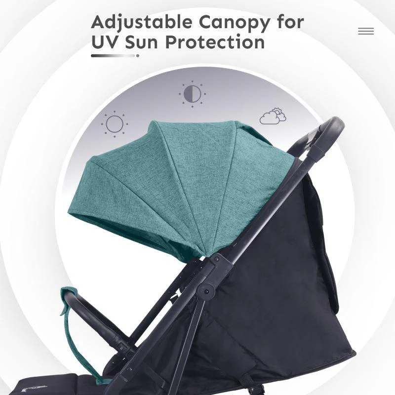 Pocket Air Stroller One Hand Fold, Light Weight, Travel Friendly, Adjustable Canopy - Green Black - Image 5