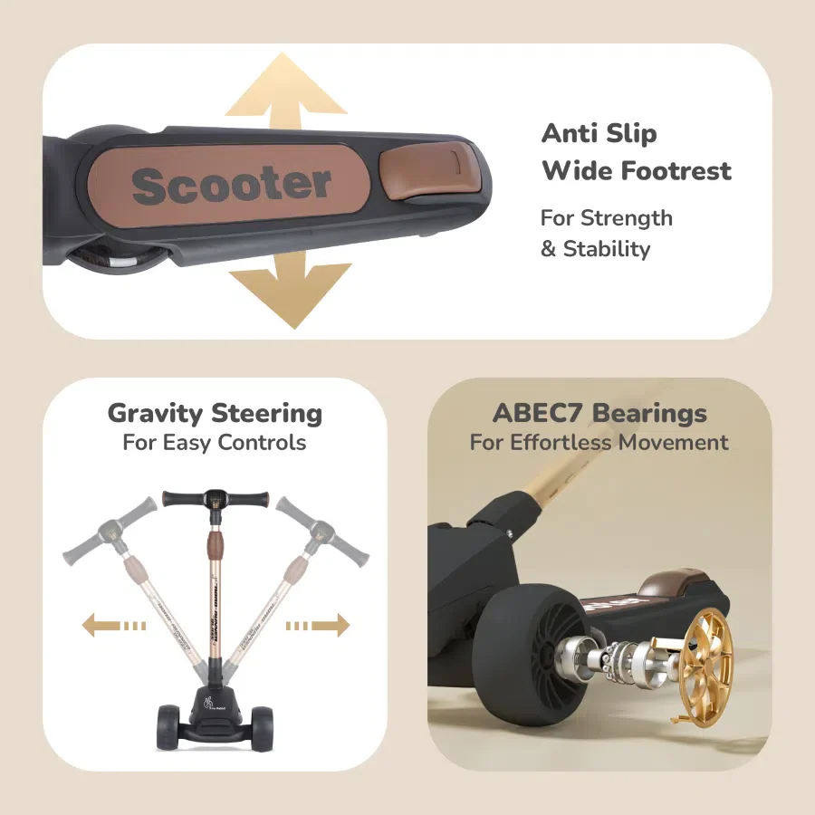 Road Runner Blaze Scooter For Kids With PU LED Wheels And LED lights - Black Gold - Image 8