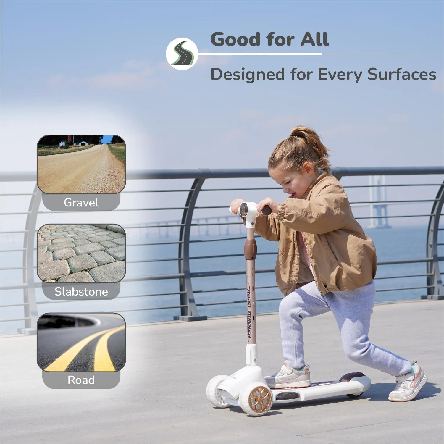 Road Runner Blaze Scooter For Kids With PU LED Wheels And LED lights - Cream Gold - Image 7