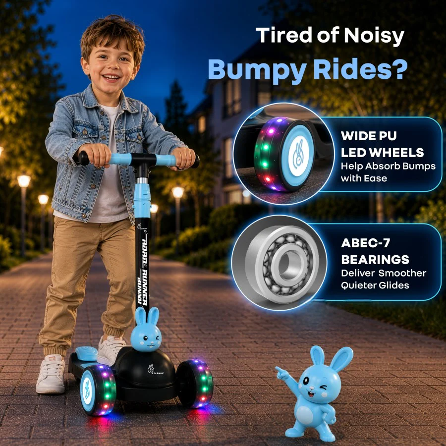 Road Runner Bunny Scooter For Kids With PU LED Wheels - Black Blue - Image 3
