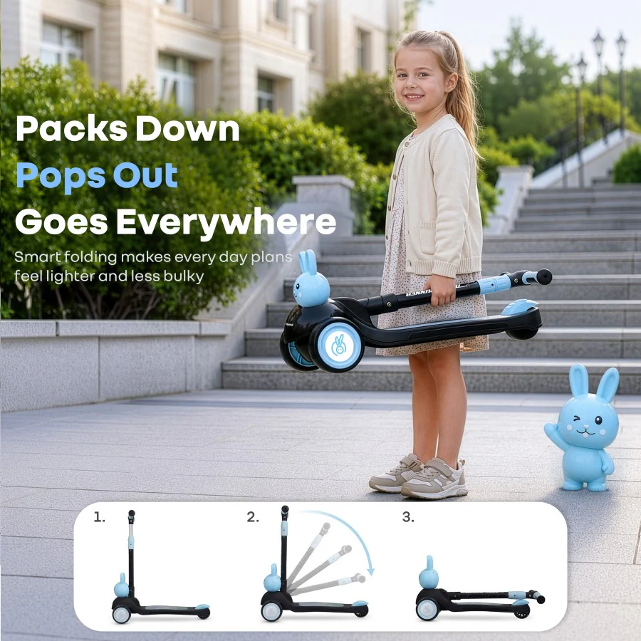 Road Runner Bunny Scooter For Kids With PU LED Wheels - Black Blue - Image 6