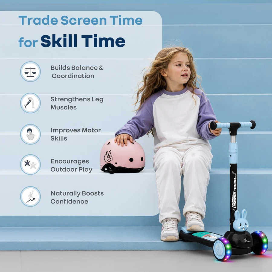 Road Runner Bunny Scooter For Kids With PU LED Wheels - Black Blue - Image 8