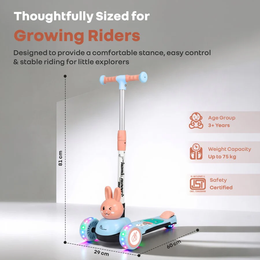Road Runner Bunny Scooter For Kids With PU LED Wheels - Blue Peach - Image 10