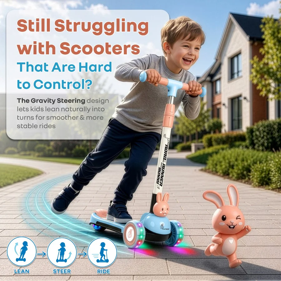Road Runner Bunny Scooter For Kids With PU LED Wheels - Blue Peach - Image 3