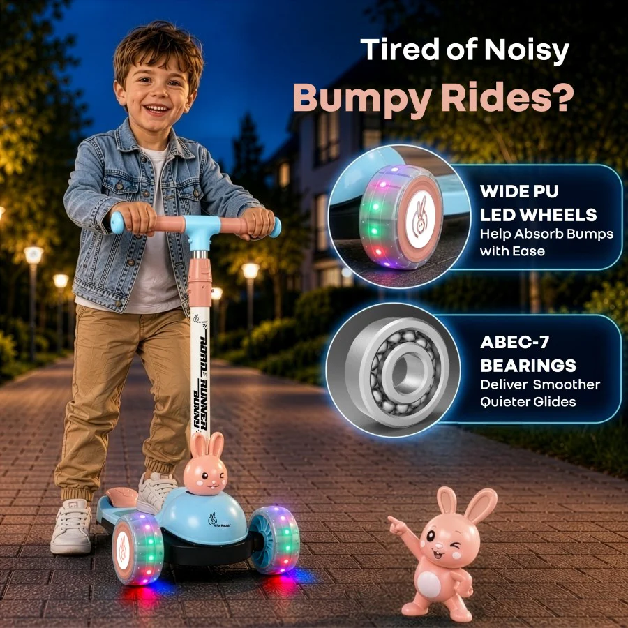 Road Runner Bunny Scooter For Kids With PU LED Wheels - Blue Peach - Image 4