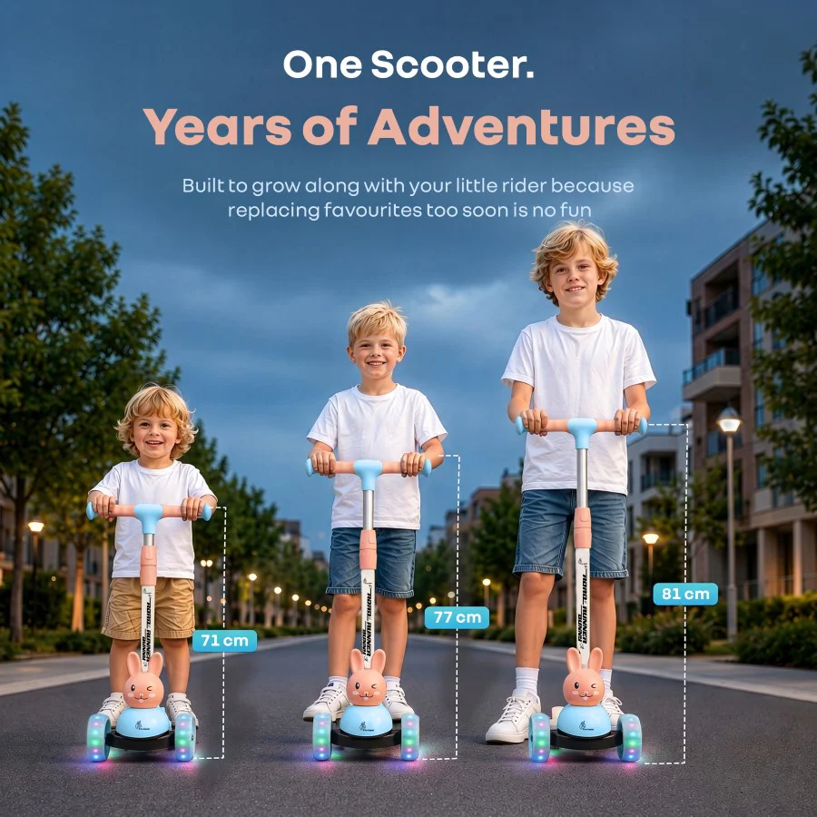 Road Runner Bunny Scooter For Kids With PU LED Wheels - Blue Peach - Image 5