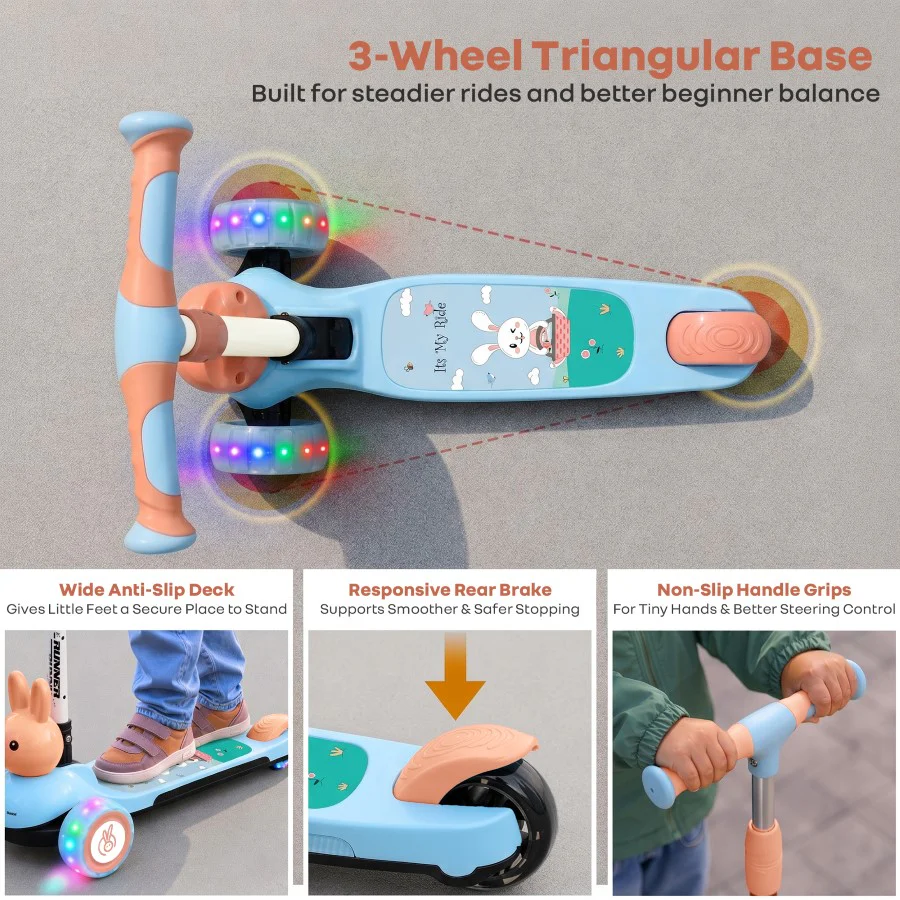 Road Runner Bunny Scooter For Kids With PU LED Wheels - Blue Peach - Image 6