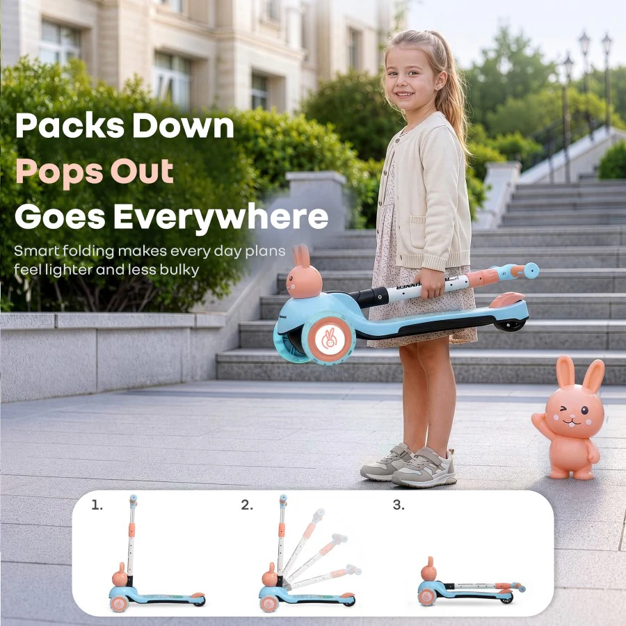 Road Runner Bunny Scooter For Kids With PU LED Wheels - Blue Peach - Image 7
