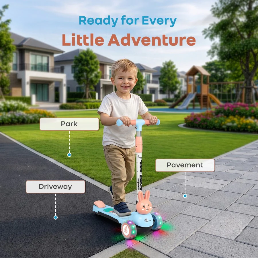 Road Runner Bunny Scooter For Kids With PU LED Wheels - Blue Peach - Image 8