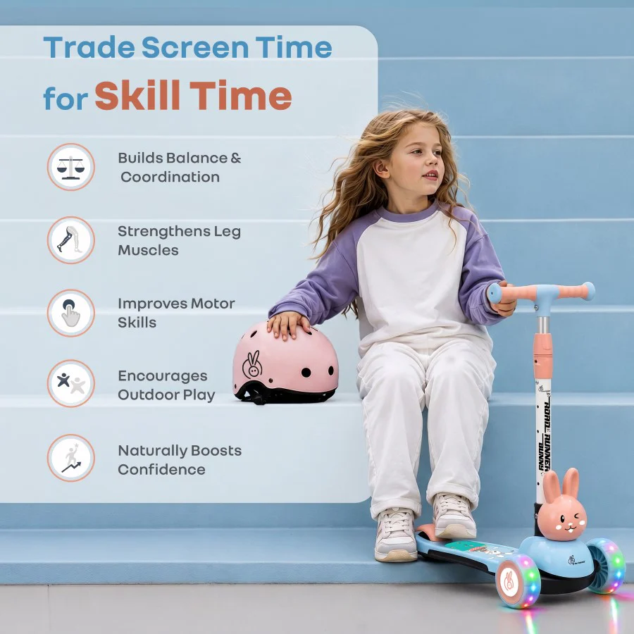 Road Runner Bunny Scooter For Kids With PU LED Wheels - Blue Peach - Image 9