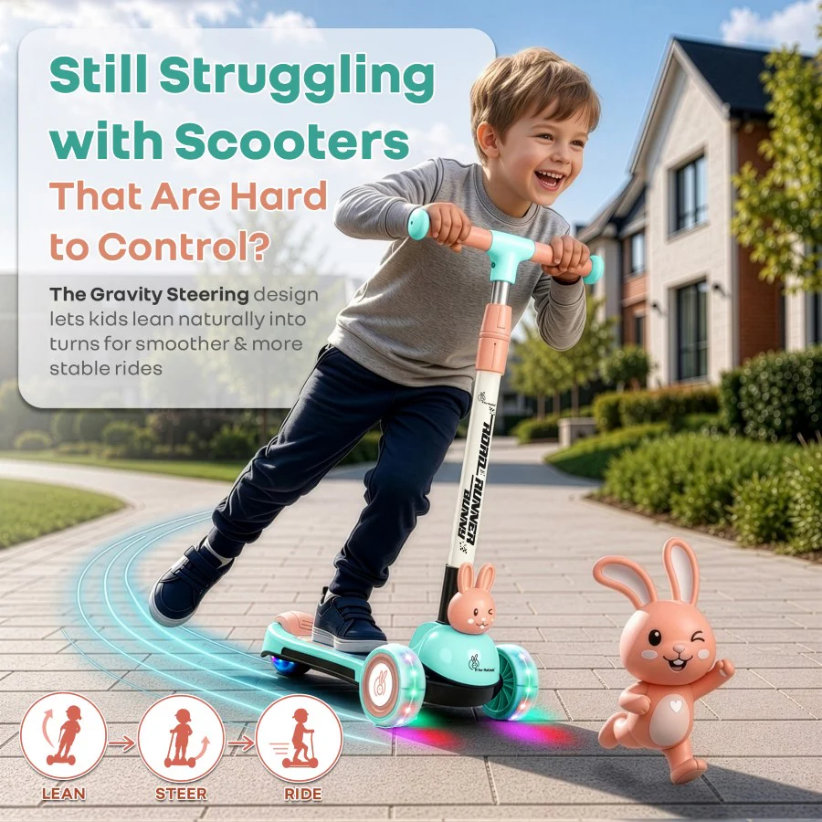 Road Runner Bunny Scooter For Kids With PU LED Wheels - Green Peach - Image 2