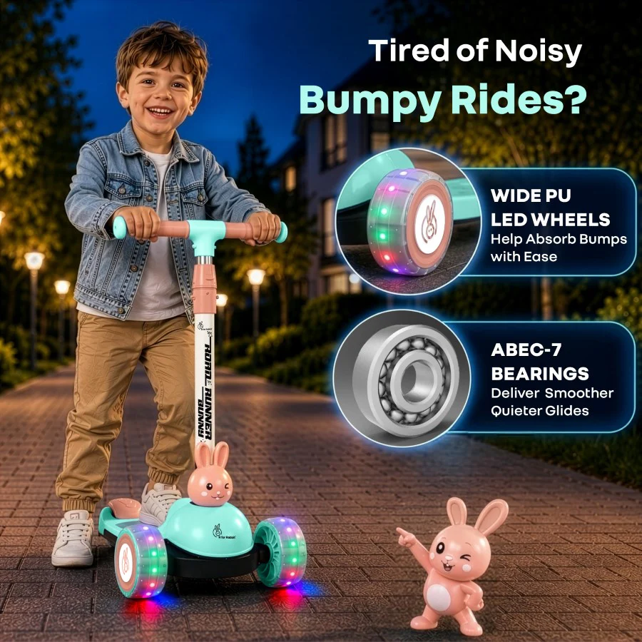 Road Runner Bunny Scooter For Kids With PU LED Wheels - Green Peach - Image 3