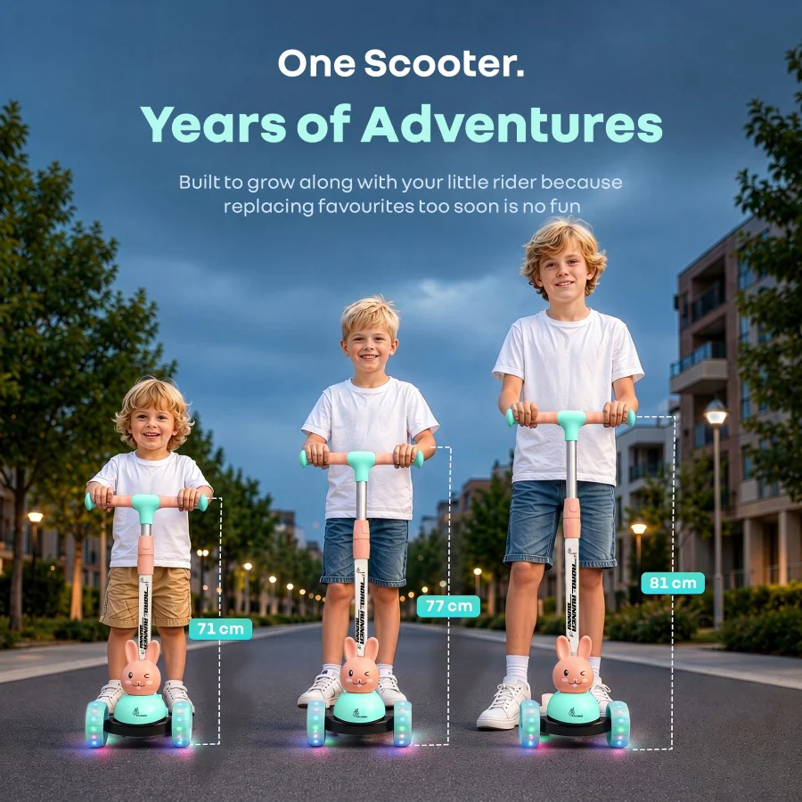 Road Runner Bunny Scooter For Kids With PU LED Wheels - Green Peach - Image 4